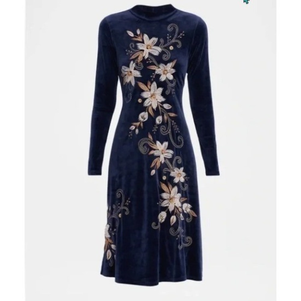 Johnny Was Corinthe Stretch Velvet Mock Neck Embroidered Midi Dress Blue Small‎